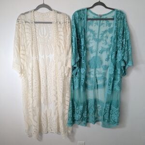 Jodifl, Janice Apparel Lace Kimono Cardigans in Cream and Green OS, M/L Bundle